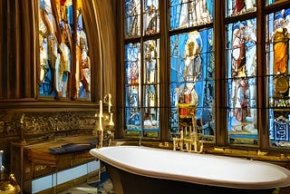 An antique bathtub near walls of stained glass windows