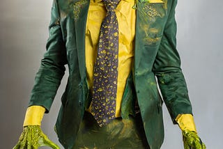 A green lizard-likemonster in a green business suit and yellow shirt