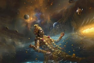 In a tranquil pose among galaxies and stars, Lord Vishnu, the sustainer, represents the divine equilibrium that bridges the known and unknown realms, uniting matter and energy in universal harmony.