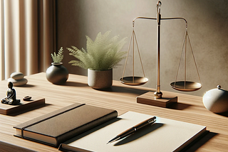A minimalist and Zen-inspired workspace, featuring a sleek, uncluttered wooden desk, a notebook with a pen, a traditional balance scale, and a serene background with natural elements. Conveys a sense of peace, orderliness, and the essence of a minimalist, creative lifestyle.
