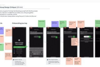 A screenshot of screens from a well known product covered in annotations from the candidate in different coloured post-it notes