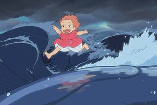 The main character of Ponyo, a red-haired little girl in a pink dress is excitedly running on the waves of a wild tsunami.