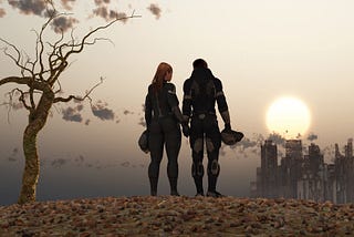 Couple standing on a hill, overlooking ruined city.
