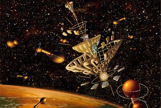 Image shows an upside-down umbrella shaped artistic rendition of a starship, hovering in space above a large gleaming planet. Lights can be seen on the planet below, with stars and other galaxies in the distance.
