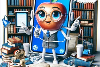 A cartoon depicting an AI assistant as an iPhone, dressed as a librarian. It stands behind a library information desk, surrounded by books, scrolls, and gadgets. The AI’s screen-face displays a friendly smile and wears glasses, and it gestures with a charger cable to a large bookcase. Alt-text revised from ChatGPT’s suggestion.