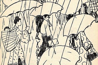 Black-ink illustration of commuters, with umbrellas, walking in the rain.
