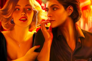 A young blond woman (Violet) is holding a mature brunette woman who holds a cigarette and a tumbler (Vivian) with a bright red-lit background.