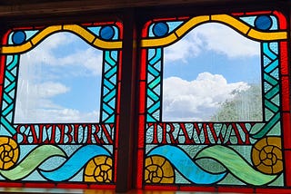 Stained glass window including the words Saltburn Tramway