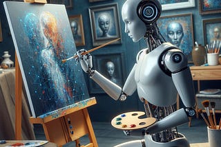 An AI robot painting a beautiful picture with an array of other portraits on the wall in the background.