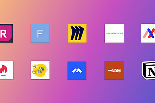 An image of the logos associated with each of the 10 tools in this article, including logos for Readable, Frontitude, Miro, User Interviews, MarkUp, HotJar, OptimalSort, Maze, SEM Rush, and Notion, on a colourful gradient background.