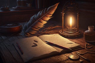 A candle-lit desk with quillpen and notebook