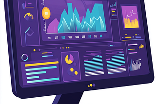 A black computer screen showing a data dashboard — lots of charts in neon colours.