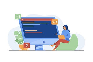 A girl sits on a chair and a large computer screen with code is in the background.