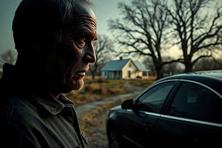 Intense, dramatic lighting, jet black scupltural depicting a grizzled man, late 50s, deep set eyes, weathered skin, standing near a 2009 Chevy Impala. He gazes at a remote, white-washed farmhouse through barren oak trees.