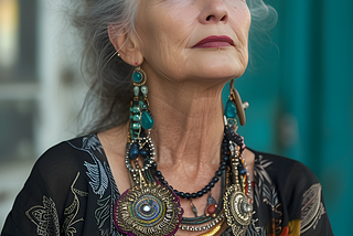 Older woman vibrant face wearing necklaces
