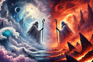 An image of an old man dressed in modest robes faces off against himself. One standing among waves and clouds and the other surrounded by fire.