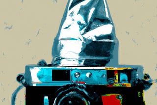 An Andy Worhol style painting of a vintage camera wearing a pointed tinfoil hat