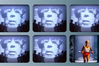A series of 5 screens showing the Apple 1984 Big Brother face on a large screen followed by one screen showing an Olympic Female athlete swinging a mallet.