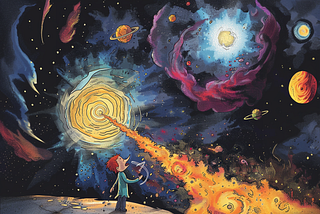 A long-nose person stands atopa moon. Nebulas and planets swirls before him. A jet of fiery substance sprays from a white hole. The galaxy is as colorful as it is gross and orbular.
