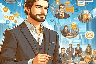 Image for a person in formal attire holding a tablet. The backdrop is an illustration showcasing various business and technology-related scenes connected by lines, suggesting a network or flow of information.