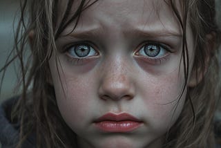 Close up of a terrified little girl with big hazel tear filled eyes