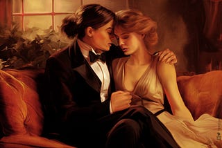 Two women intimate on a couch in a cozy home, the brunette wearing a tuxedo, the blonde in a dress, circa 1929
