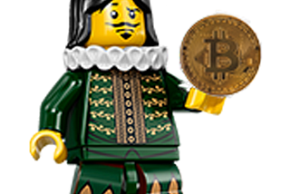 Shakespearean Lego Actor holding a bitcoin playing on the Hamlet theme