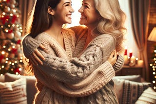 Two women in tan cable knit sweaters hugging each otgher and smioling, perhaps in forgiveness during a hooliday.