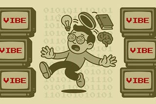 Retro-styled digital illustration of a cartoon man floating mid-air with his head open, losing a brain, book, and lightbulb. Surrounded by CRT monitors flashing the word ‘VIBE’ in red, with binary code in the background — illustrating the loss of learning in a tech-driven, emotionally immersive culture.