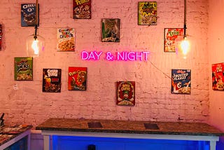 Author’s own photo of a wall inside Charlotte’s Day & Night Cereal Bar.