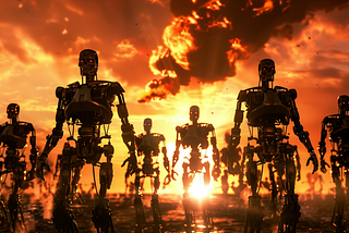 photo of millions of humanoid robots with a dramatic sky, on fire, AI image created on MidJourney by Henrique Centieiro and Bee Lee