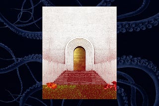 A golden door and steps on a swirling background