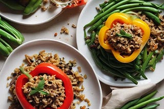 Stuffed Bell Peppers with Wild Rice Pilaf and Sauteed Green Beans