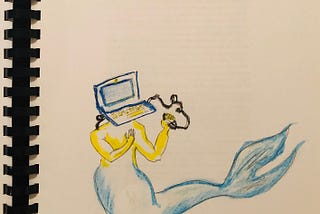 Doodle of a merman with a laptop for a head in my copy of Protocol by Alexander R. Galloway