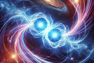 A visually stunning depiction of quantum entanglement. The image features two photons connected by a glowing, swirling stream of energy, representing their entangled states. The background is a deep space scene with stars, nebulae, and cosmic dust, symbolizing the vast distances over which quantum entanglement can occur. The color palette includes vibrant blues, purples, and whites, conveying both mystery and connection.