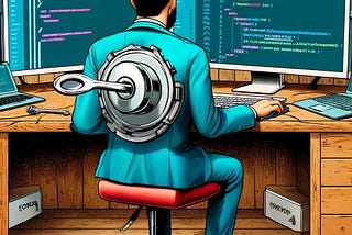 IMAGE: A comic-style illustration of a developer seated in front of two screens full of code, with a wind-up mechanism on his back