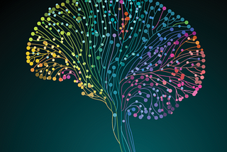 Dark blackish green background with colorful dots in the shape of a brain with long lines that connect from them into a brain stem.