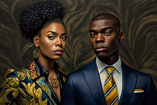 AI image of beautiful Black woman and Black Man entrepreneurs looking determined in a modern office wearing business attire in the style reminiscient of Kehinde Wiley
