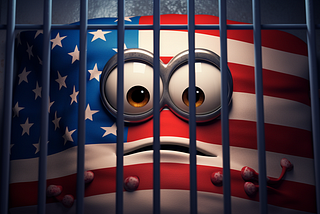 image of the US Flag as a Pixar character locked in a prison cell