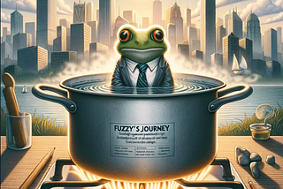 An illustration of Fuzzy the Frog, donned in a corporate suit and tie, sitting serenely in a pot of water placed on a slow flame. Behind him, a vivid corporate skyline reaches into the sky, symbolizing the bustling corporate world. The scene is bathed in the warm glow of sunlight, highlighting the contrast between Fuzzy’s calm demeanor and the underlying metaphor of navigating the complexities of corporate life. At the bottom, the text ‘Fuzzy’s Journey: Navigating Corporate Waters’.
