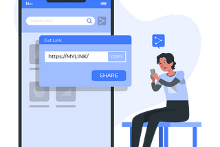 Blue Illustration of a man on his mobile with a Get Link dialog box open.