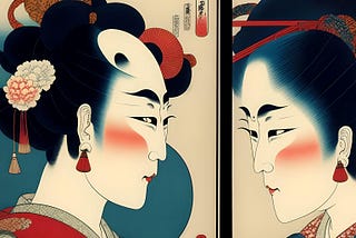 This is an AI-generated image from Fotor. It’s done in the Ukiyo-e Japanese art style depicting a two-faced person.