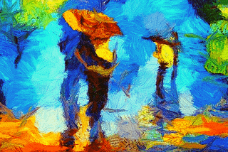 Oil painting-A couple of lovers on a walk surprised by the light summer rain take shelter under an umbrella while walking.