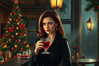 Image shows a drawing of a woman frowning and holding a glass with red liquid. In the background on the left is a decorated Christmas tree and on the right a window with a lantern.