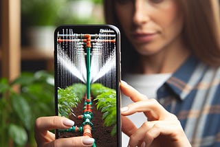 An AI-generated image of a woman using her Jewish created dual lens created on her Jewish created cell phone to take a picture of Jewish created drip irrigation to text her friend on Jewsih created text messaging