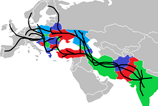 The image is a map of Europe and parts of Asia with areas highlighted. The areas highlighted are places that most Roma can trace some of their DNA to. These areas include India, Pakistan, The Middle East, Caucasus, Turkey, The Balkans, Southeast Europe, and Eastern Europe. Each area is colored either green, blue, or red. There are additional lines that represent the Romani migration into Europe. These lines go from India and around all of Europe