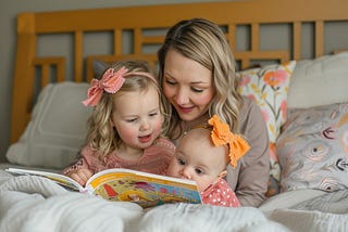 A mother reading to her two small children in bed.