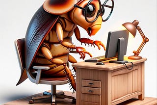 A cartoon of a cockroach using a miniature computer, complete with tiny glasses and a desk.
