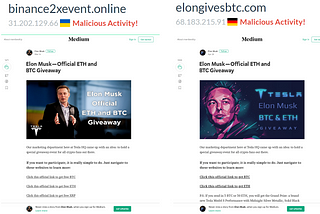 Medium lookalike webpages used for Bitcoin scams, sourced from urlscan.io