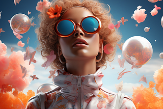 A beautiful woman with curly hair looks up at a fantasy sky with balloons and flowers. This accurately covers what I think of when I consider what it’s like to use free online AI image generators.